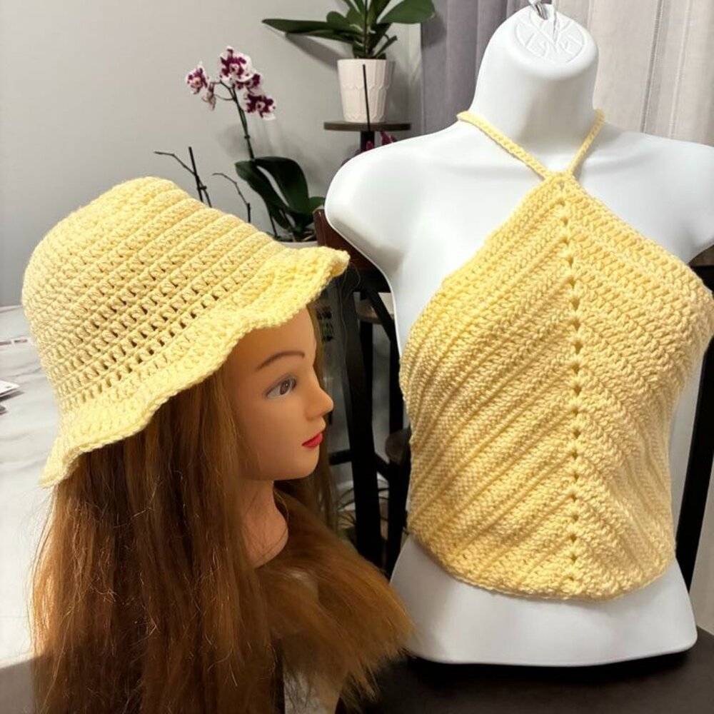 Handmade crochet halter top & bucket hat  NEW